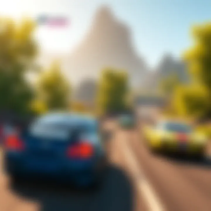 A vibrant scene from Forza Horizon 6 showing cars racing through detailed environments with lush greenery and NPCs.