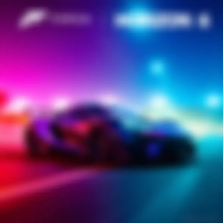 A high-quality image showcasing a sleek car from Forza Horizon 6 with stunning ray tracing effects in a vibrant environment
