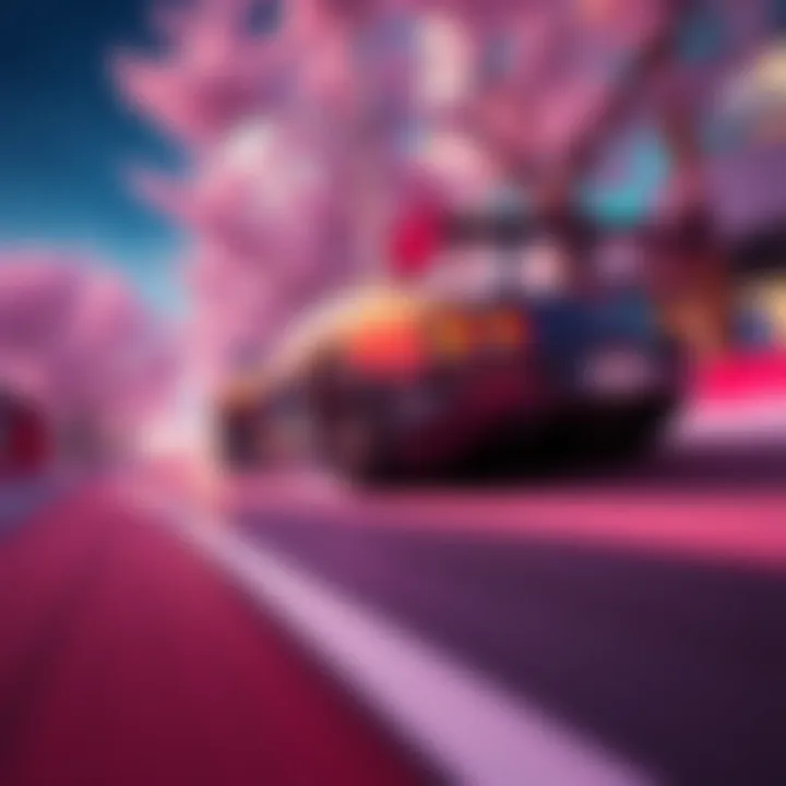 A sleek racing car speeding through the streets of Japan, with cherry blossom trees and vibrant city lights in the background.