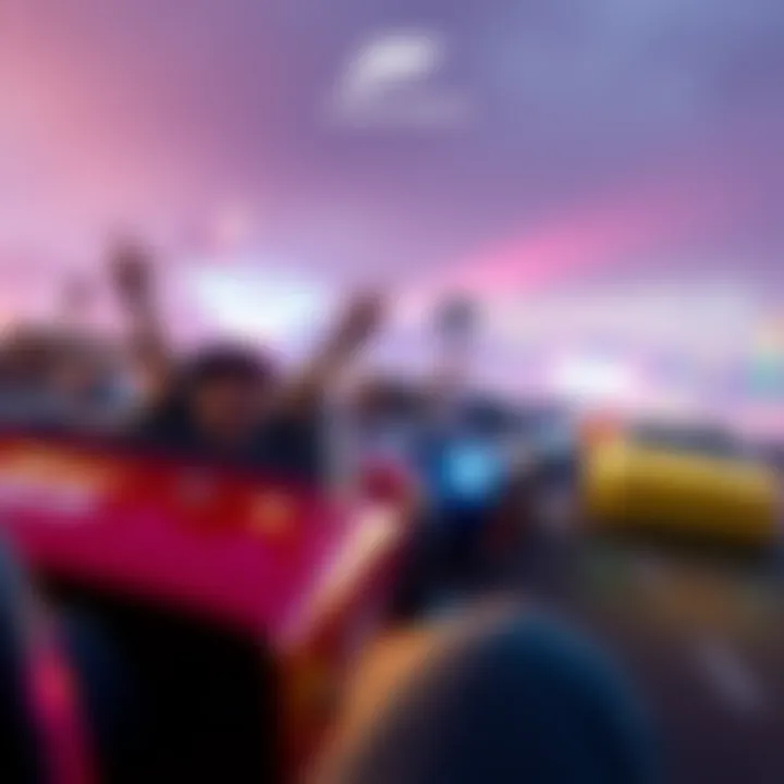 A vibrant scene of car racing in Forza Horizon 6, showcasing excited players enjoying the game online.