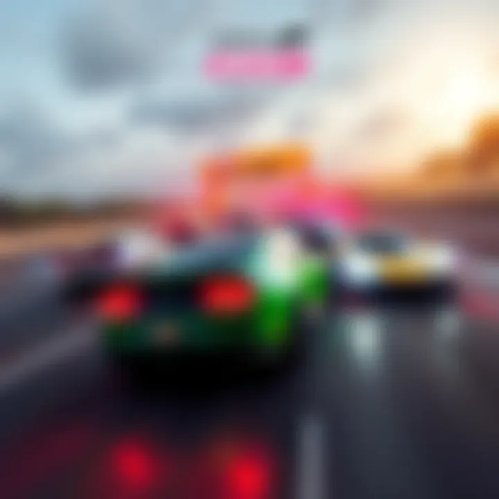 A high-speed racing scene from Forza Horizon 6 showcasing cars in a time attack challenge