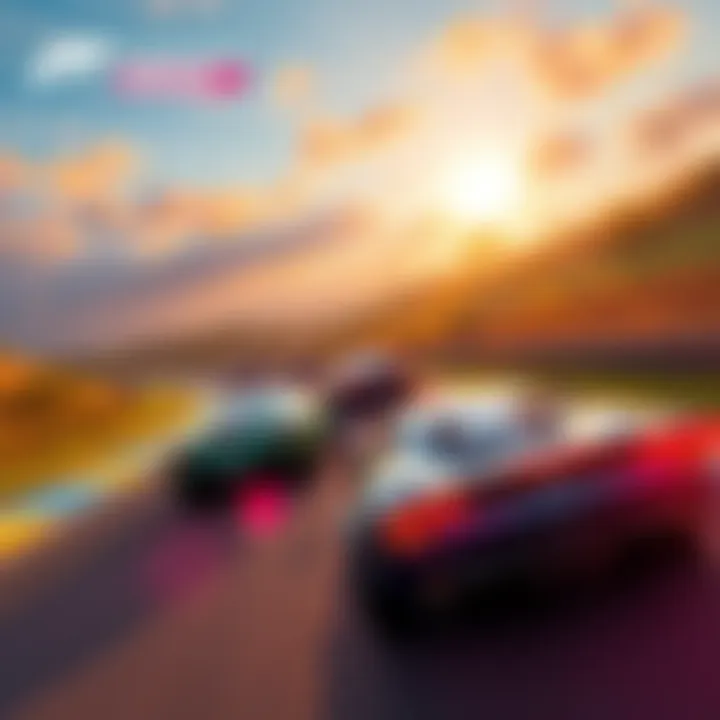 Forza Horizon 6 Racing Scene A vibrant racing scene from Forza Horizon 6 showcasing cars on a scenic track with stunning visuals