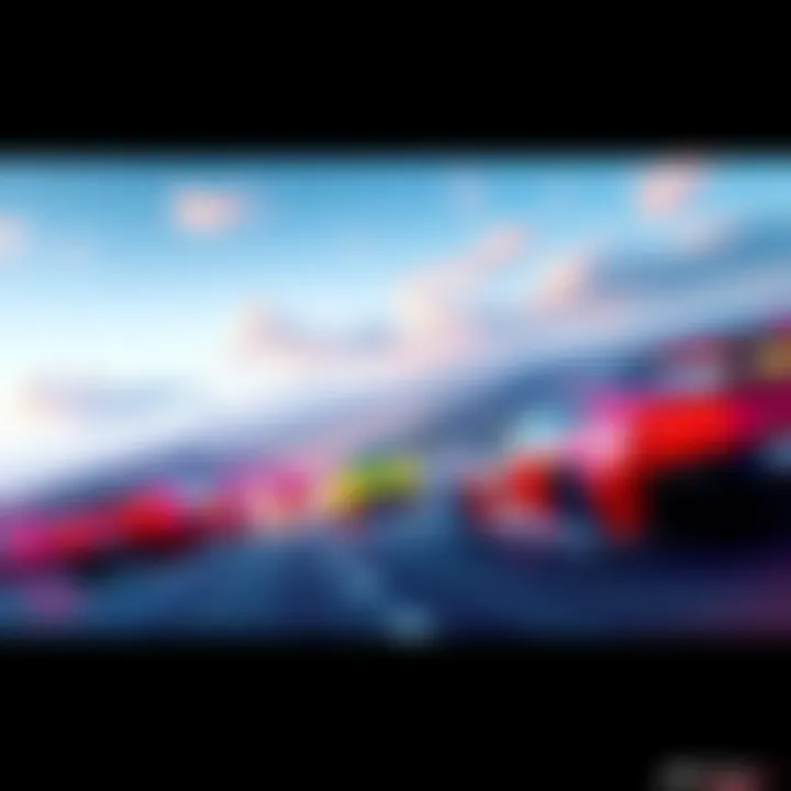 A vibrant racing scene from Forza Horizon 6 showing colorful cars speeding through a scenic landscape.
