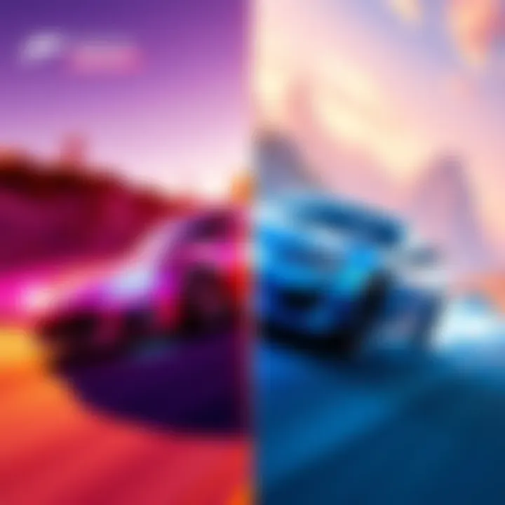 Side-by-side comparison of Forza Horizon 5 and Forza Horizon 4 featuring cars racing in vibrant environments