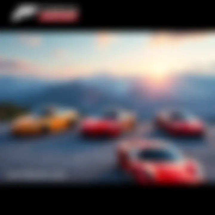 Forza Horizon Cover Cars Various cover cars from Forza Horizon games set against stunning locations like mountains and cityscapes