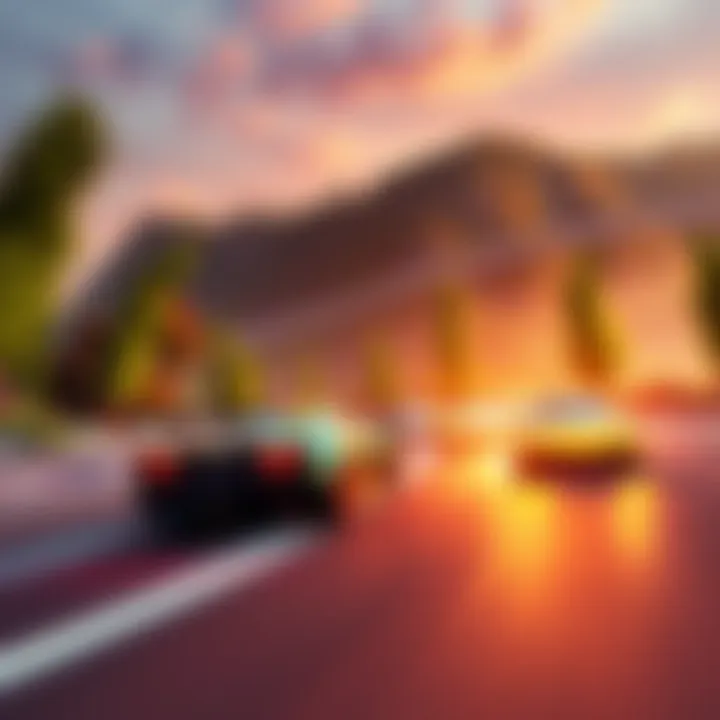 A vibrant scene showing cars racing in a lush, open-world environment from Forza Horizon. The image highlights the game's dynamic graphics and racing excitement.