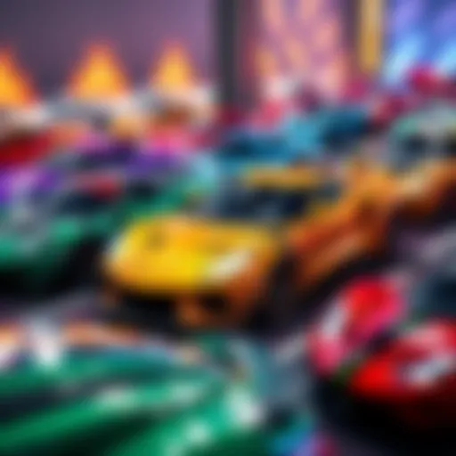 A collection of treasure cars from Forza displayed with vibrant colors and shining details