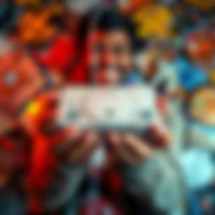 A person holding a PS1 console in their hands, smiling and looking nostalgic, surrounded by classic game discs.