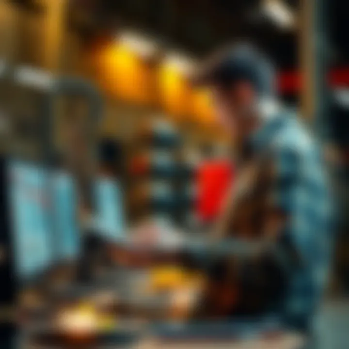 A person carefully monitoring resources in a foundry setting, using a digital device to keep track of materials and tools.