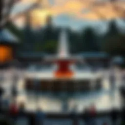 Fountain in a park with people gathering A public fountain surrounded by people enjoying the water and socializing, with one person taking up a large space.