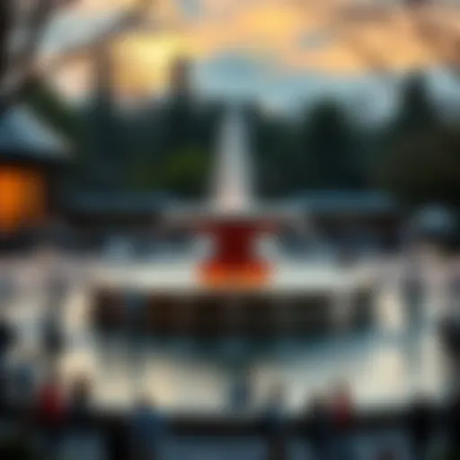Fountain in a park with people gathering A public fountain surrounded by people enjoying the water and socializing, with one person taking up a large space.