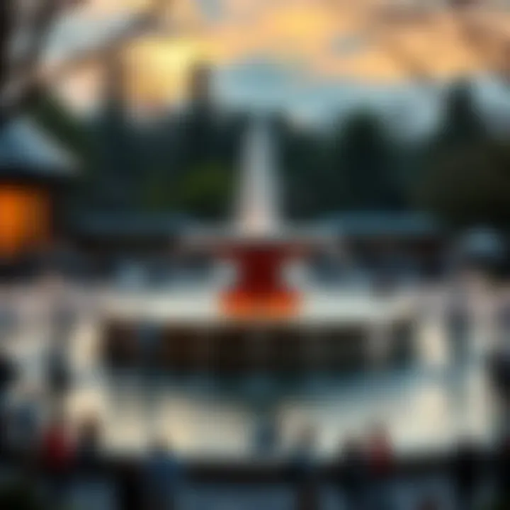 Fountain in a park with people gathering A public fountain surrounded by people enjoying the water and socializing, with one person taking up a large space.