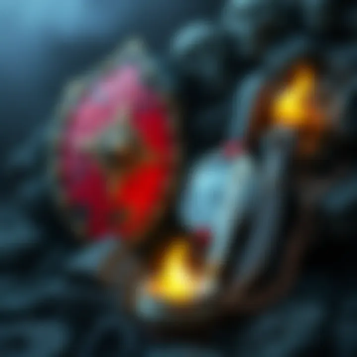 A display of four different talismans representing power and protection in a post-apocalyptic world, including a shield, a compass, a knife, and a firestarter.