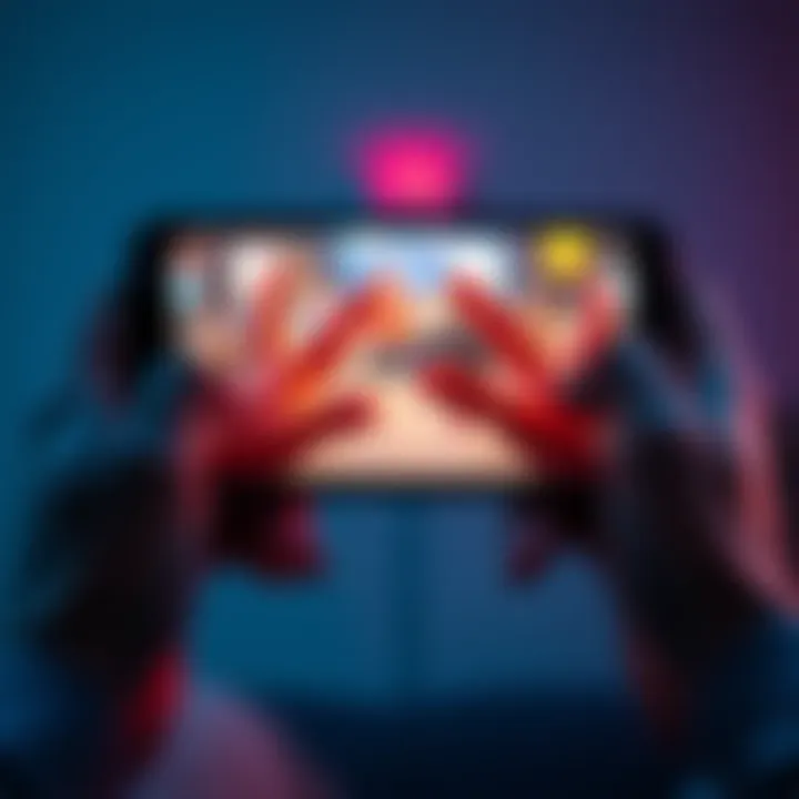 A close-up view of a smartphone in a player's hands, showing four fingers on the screen for gaming controls, highlighting a multiplayer gaming scene
