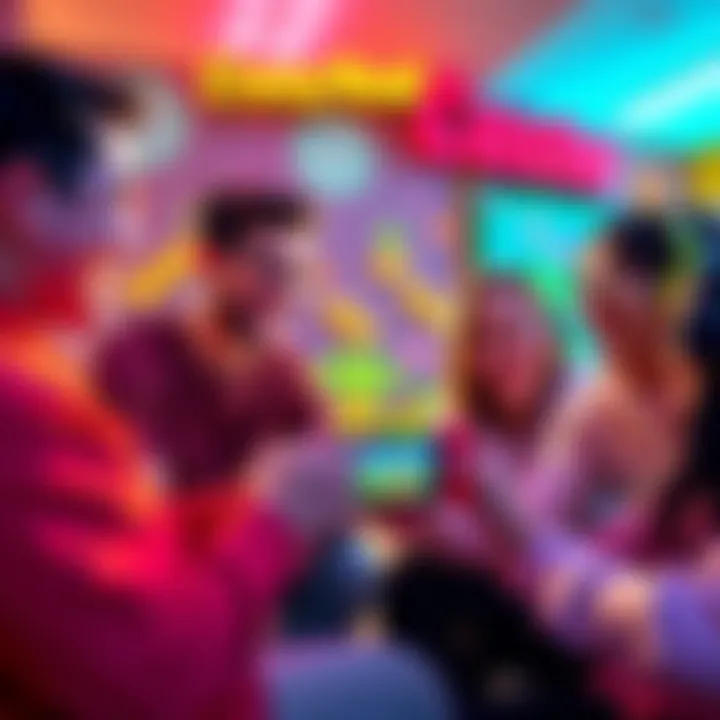 Four people playing Crossy Road Castle on a Nintendo Switch, laughing and engaging with the game's colorful graphics and characters.