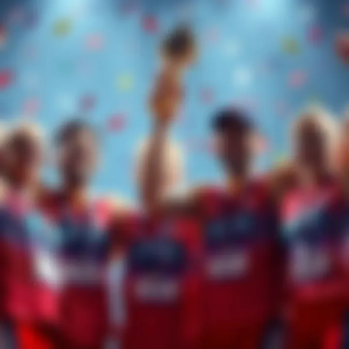 A group of athletes celebrating their fourth place finish with smiles and a trophy in hand.