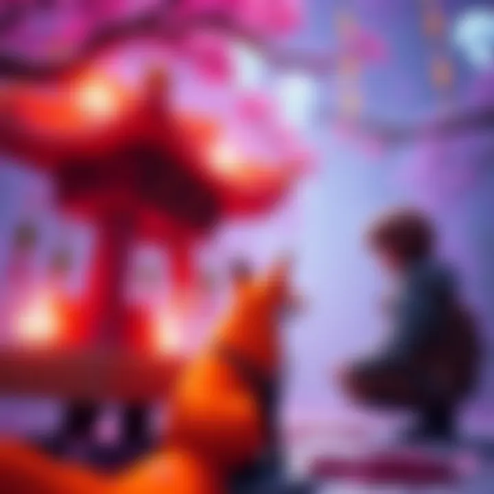 A player attempting to pet a fox at a shrine in a game, showcasing the glitch with the fox not responding.