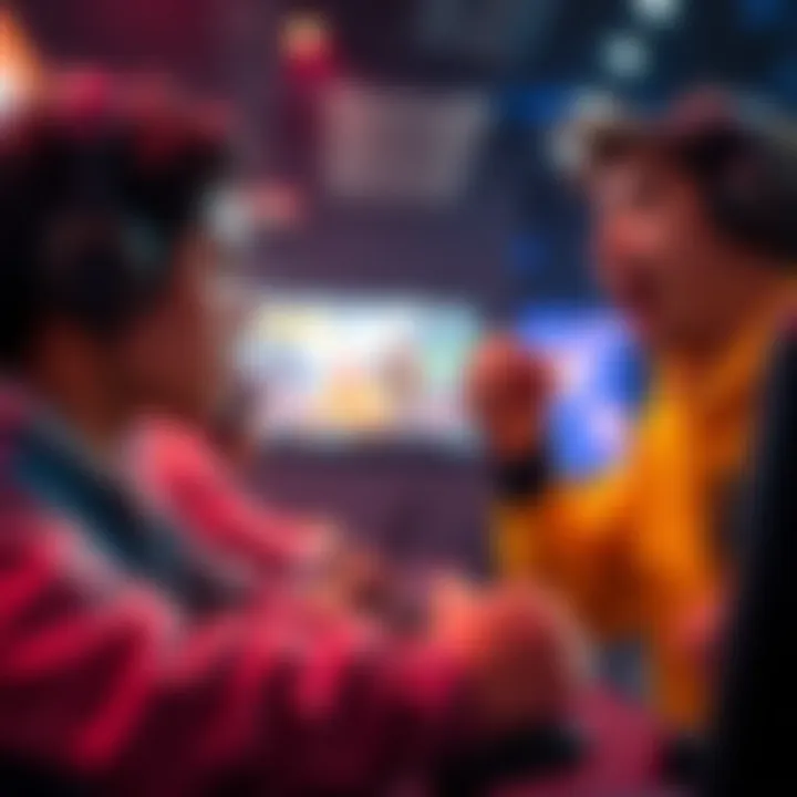 FPS Controller Players Face Off Two top FPS controller players compete intensely during a gaming tournament, with one focused on the screen and the other celebrating a victory, embodying the heated debate over the greatest player title.