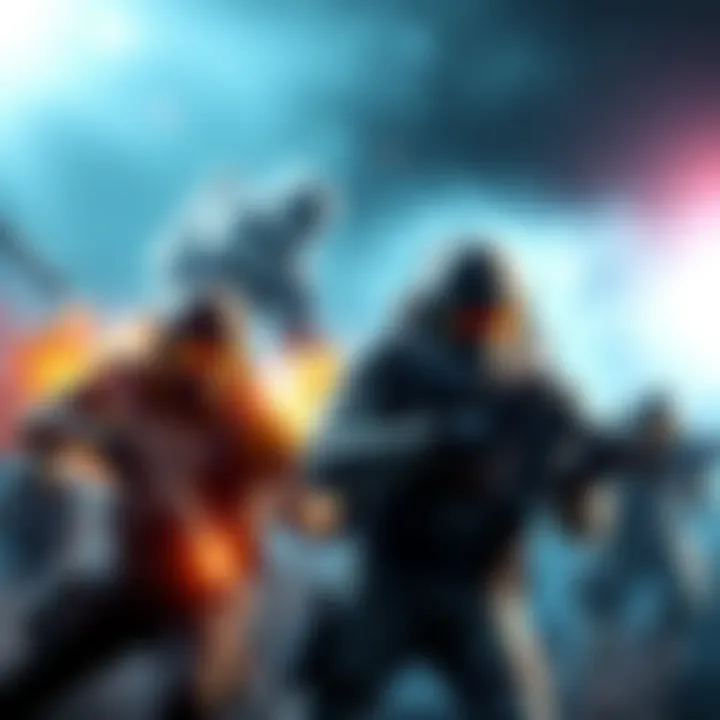 Characters from various FPS games like Splitgate and Battlefield in a dynamic battle scene