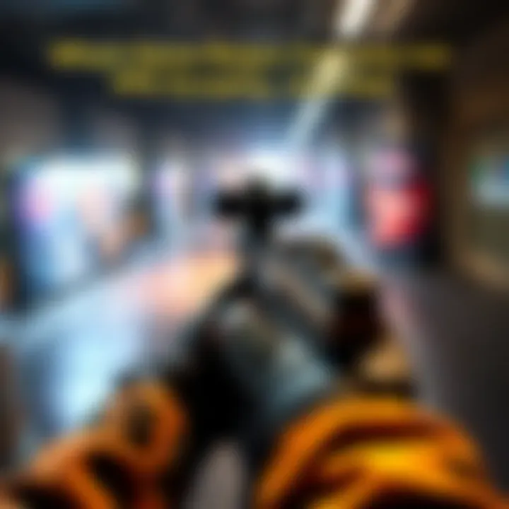 A player aiming a realistic gun in an intense first-person shooter game setting