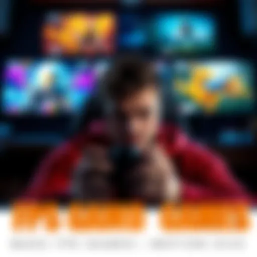 A gamer looking uncomfortable while playing a first-person shooter, surrounded by colorful game graphics representing different game styles