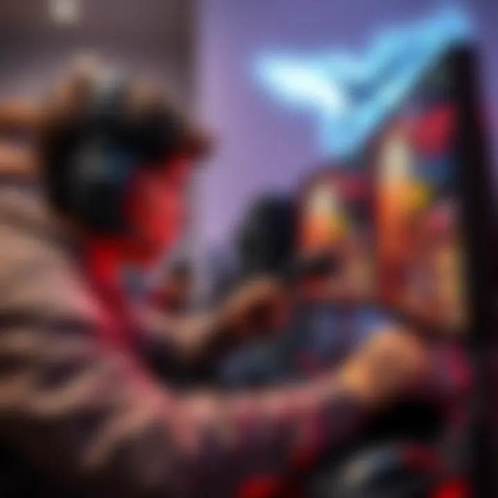 FPS player training A person focused on training in a first-person shooter game with a mouse and keyboard, showing concentration and strategy on their screen.