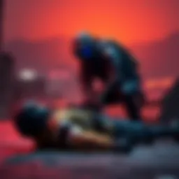 A video game character crouching over a defeated opponent in a first-person shooter, symbolizing the act of T-bagging in gaming culture