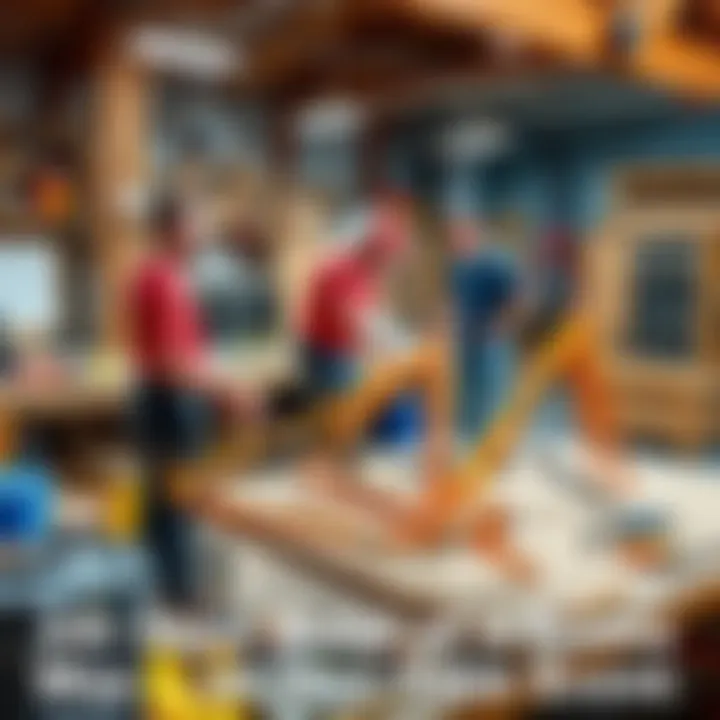 A team of builders working quickly to assemble a frame, showcasing tools and materials in a busy workshop setting