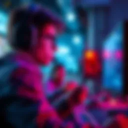 A gamer focused on a story-driven game, with a blurred background showing graphics and FPS stats on the screen.