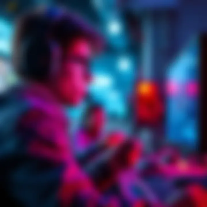A gamer focused on a story-driven game, with a blurred background showing graphics and FPS stats on the screen.