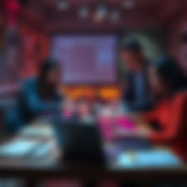 A team brainstorming ideas for franchise content strategy with laptops and notebooks on a table.