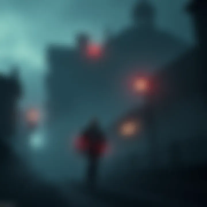 Frank Sunderland walks through a foggy Silent Hill searching for his son, with eerie shadows and dimly lit buildings in the background.
