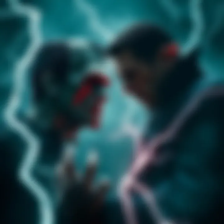 Frankenstein's Monster confronts Dracula in a dark, misty landscape, blending gothic elements with lightning effects to suggest electricity's role in the story.