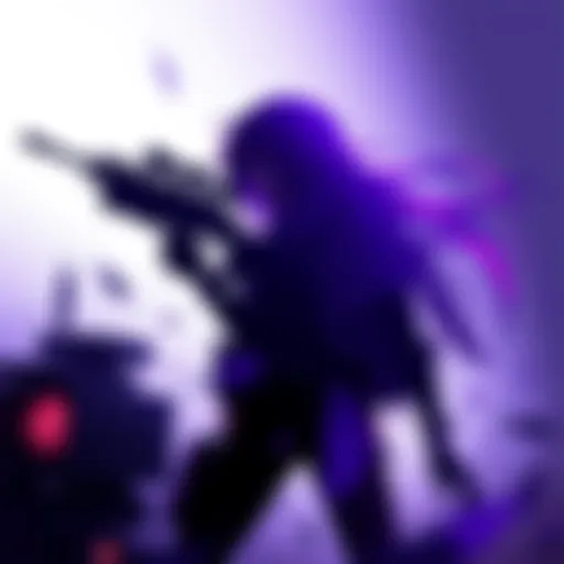 Silhouette of a character with long purple hair and sniper gear, holding a unique weapon, surrounded by tech elements