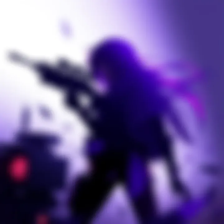 Frankie's Silhouette Silhouette of a character with long purple hair and sniper gear, holding a unique weapon, surrounded by tech elements
