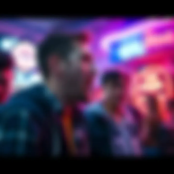 Frat leader confronted by gamer A fraternity leader looks shocked as a gamer confronts him in front of a club, surrounded by a small crowd watching the scene unfold.