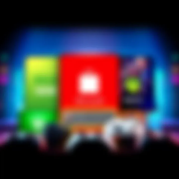 Colorful graphic featuring game logos from GOG, Microsoft Store, and Xbox with a comment box and gaming devices.