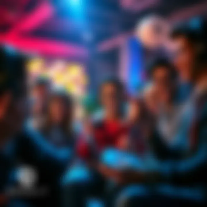 A group of diverse gamers excitedly discussing their favorite games and sharing wishes for free giveaways.