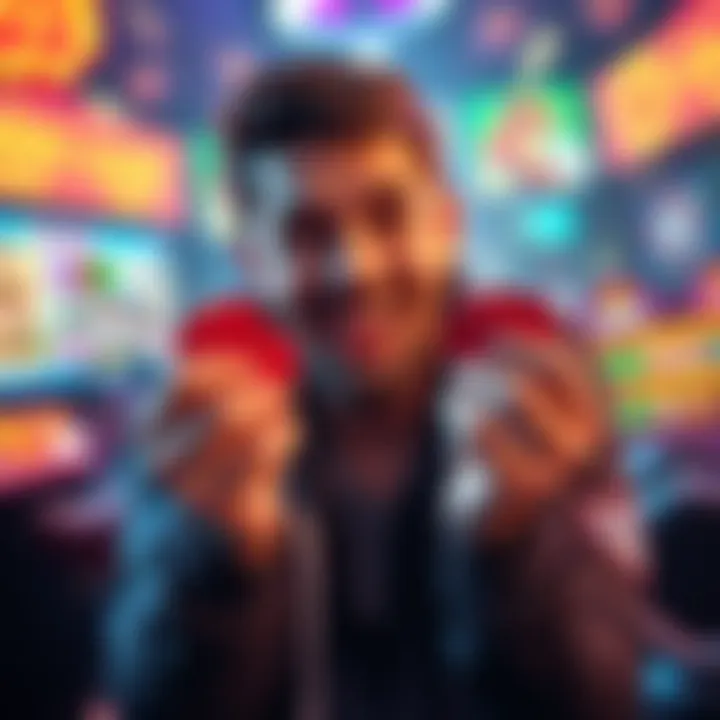 A person holding gaming tokens with a cheerful expression, surrounded by colorful game graphics