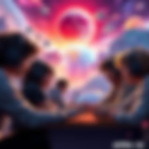 A group of diverse players engaging in a cooperative game session, surrounded by vibrant digital landscapes, ready to impact the world together.