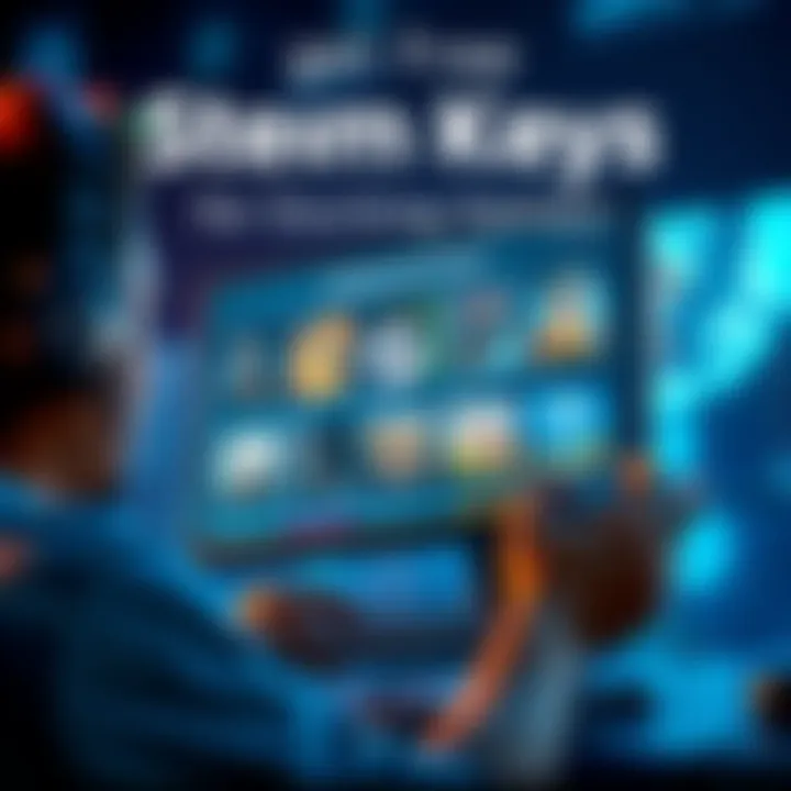 Free Steam Keys Offer A gamer excitedly holding a computer with various game icons like Saviorless and Tyrant's Realm displayed on the screen, representing a giveaway of game keys.