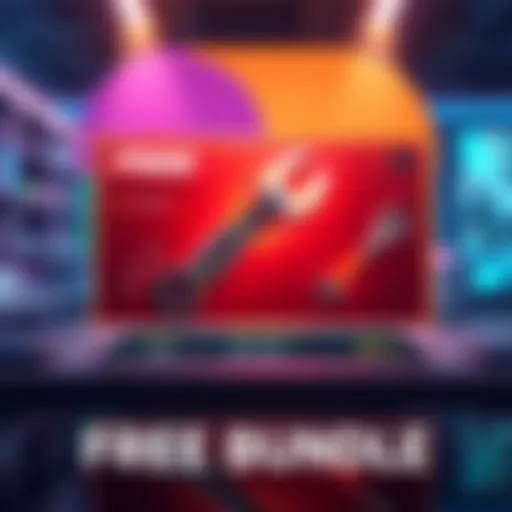 An eye-catching graphic showing a free bundle offer in a gaming store, featuring a sleek Mida multi-tool skin, vibrant shader, and a fun emote, all displayed on a colorful background.