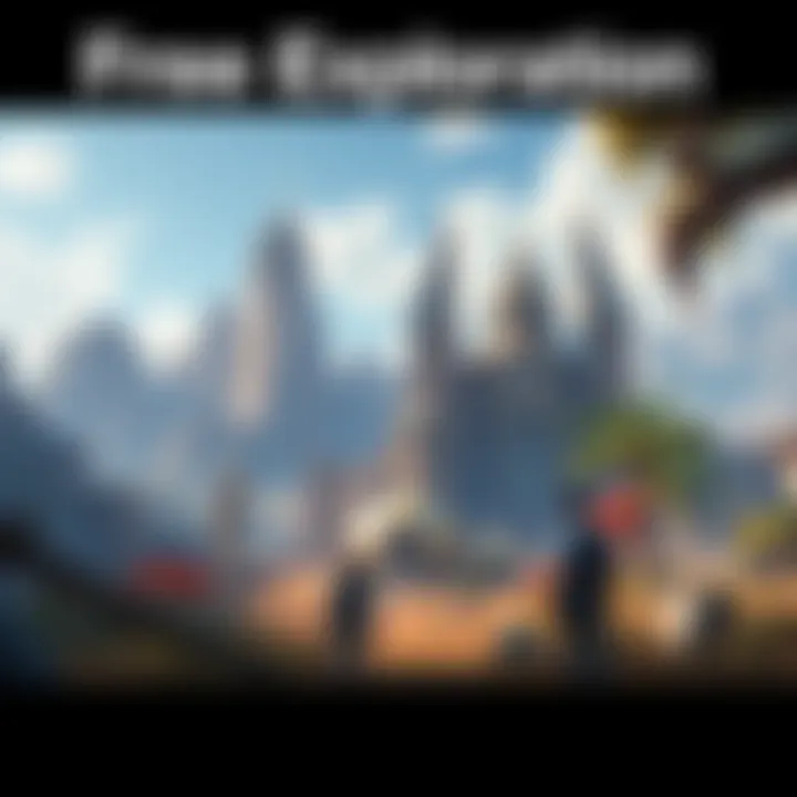 A gaming scene showcasing characters exploring an open environment with unique architecture and landscapes, highlighting adventure and player choice.