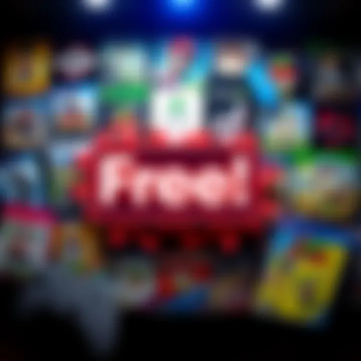 A colorful display of various video game titles with a bold 'Free!' sign in the center, appealing to gamers looking for giveaways.