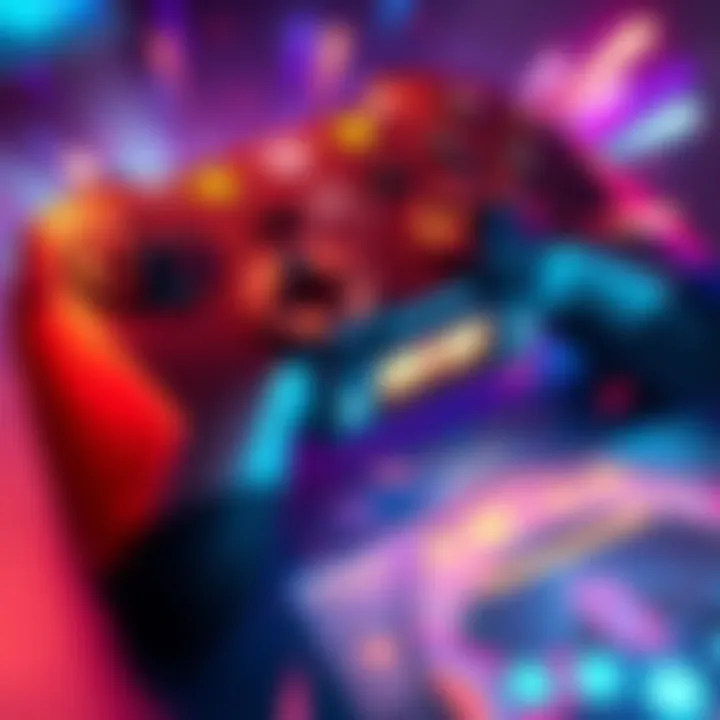 A game controller with colorful graphics and excitement around a new game release.