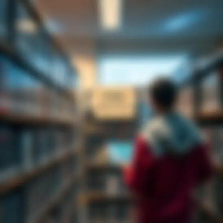 Free Game Rentals at Library A library patron browsing video games on a shelf, surrounded by various game cases, while a sign indicates free rentals available.