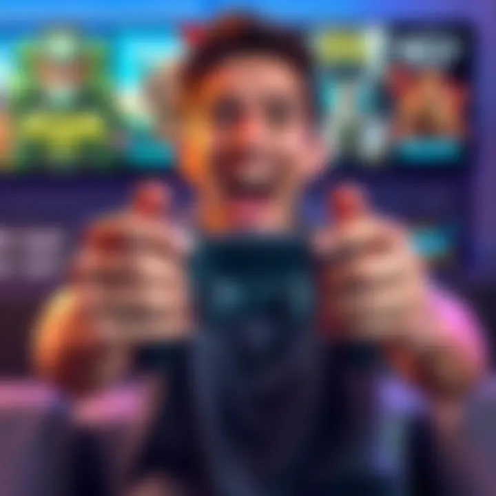 A person excitedly holding a gaming controller with popular game titles displayed in the background, showcasing free gaming codes available for comment on forums.