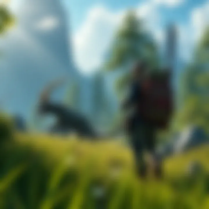 Free Hunting in MHFrontier A character exploring a lush outdoor environment in MHFrontier, searching for random monsters during a free hunt.