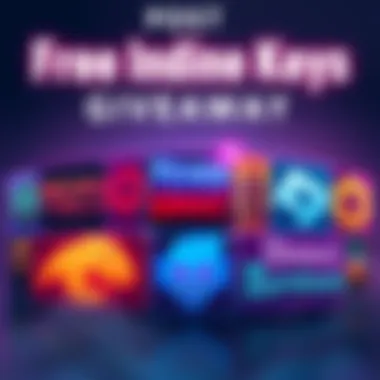 Free Indie Game Keys Giveaway A graphic showing various indie game logos including Aerial_Knight's Never Yield and Elemental Survivors, promoting a giveaway of game keys.