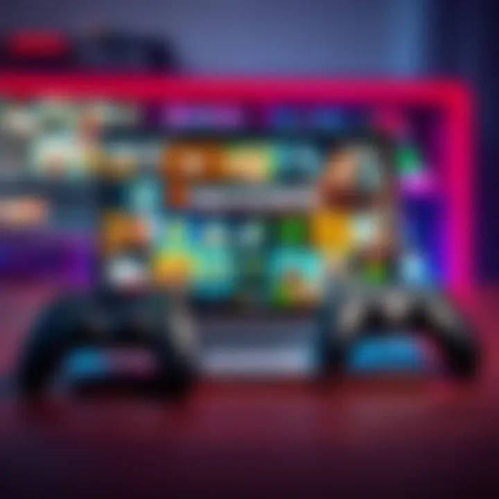 A laptop and gaming controllers displaying various multiplayer game icons